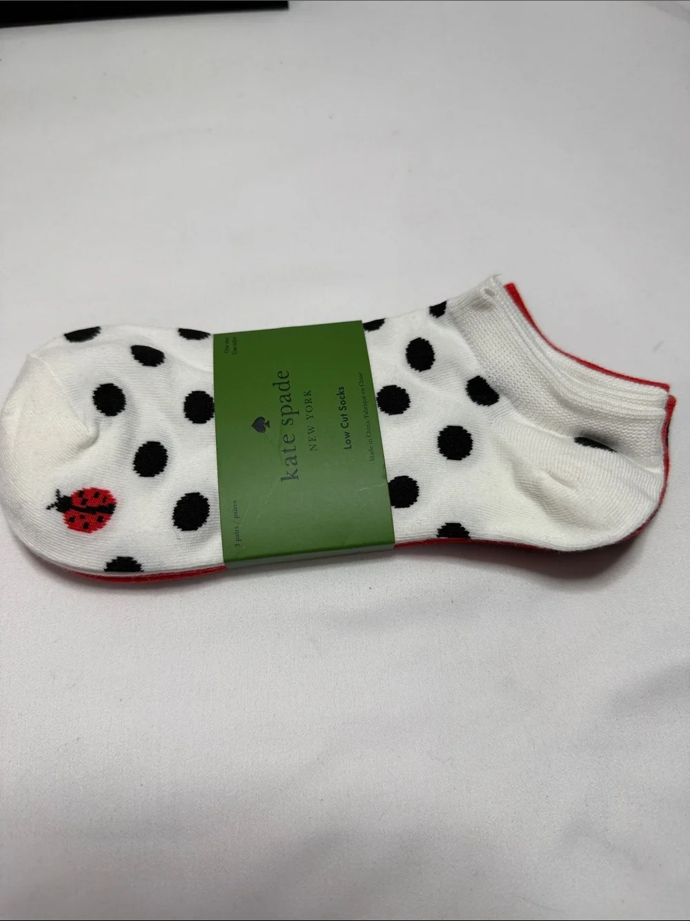 kate spade white polka‎ dot ankle socks with red ladybug